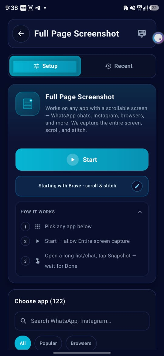 Full Page Screenshot Setup screen